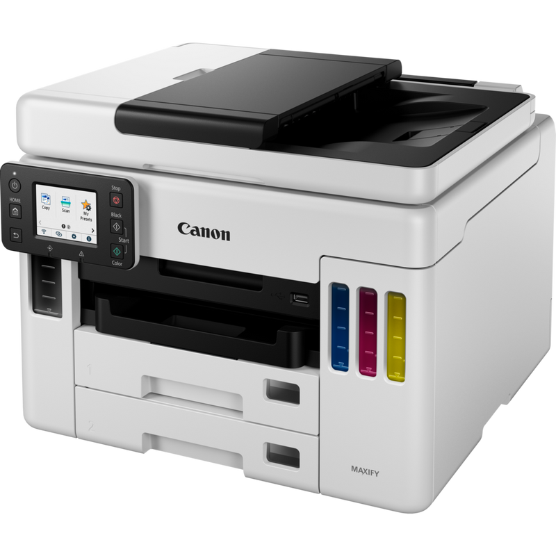Canon MAXIFY GX7050 MegaTank Farb-Tintenstrahl-Multifunktionssystem mit WLAN und nachfüllbaren Tintentanks Produkt Schrägansicht von vorne