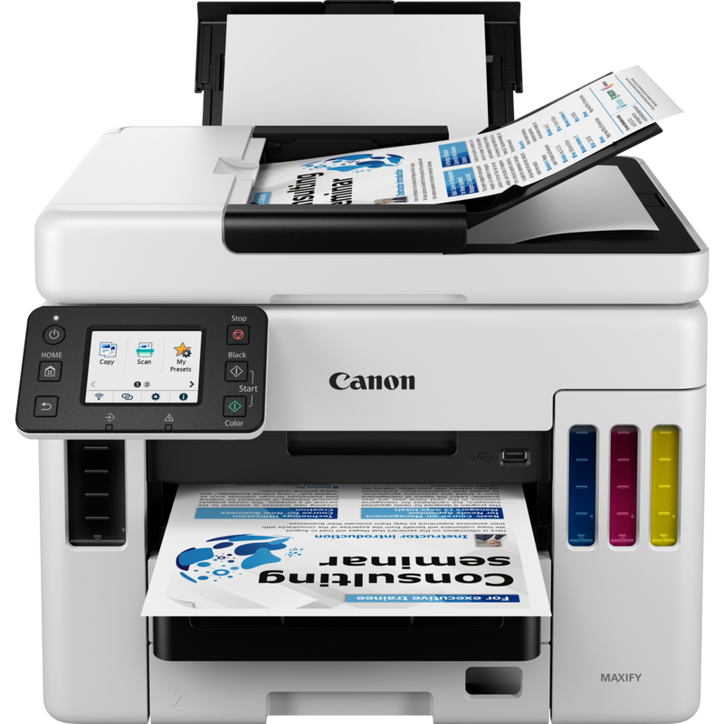Canon MAXIFY GX7050 MegaTank Farb-Tintenstrahl-Multifunktionssystem mit WLAN und nachfüllbaren Tintentanks Produkt Vorderansicht mit ausgeklapptem Papierfach und Papierstütze