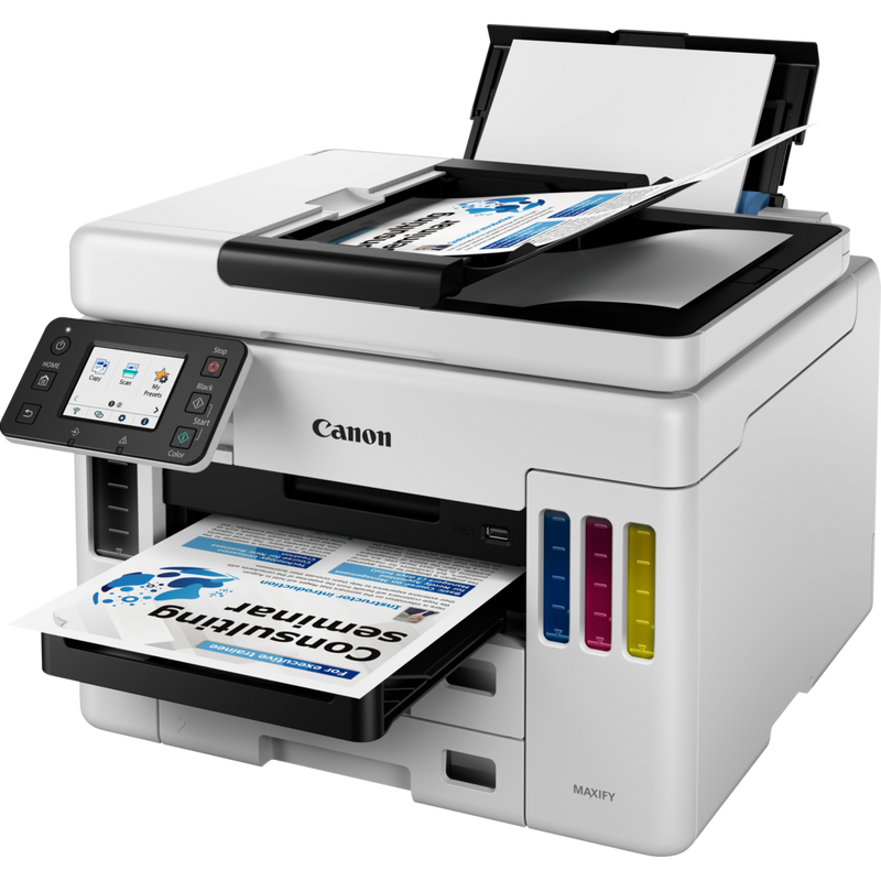 Canon MAXIFY GX7050 MegaTank Farb-Tintenstrahl-Multifunktionssystem mit WLAN und nachfüllbaren Tintentanks Produkt Schrägansicht von vorne mit ausgeklapptem Papierfach und Papierstütze