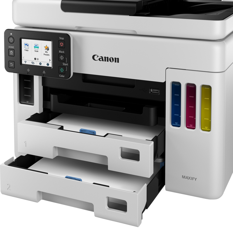Canon MAXIFY GX7050 MegaTank Farb-Tintenstrahl-Multifunktionssystem mit WLAN und nachfüllbaren Tintentanks Produkt Vorderansicht mit ausgeklapptem doppeltem Papierfach