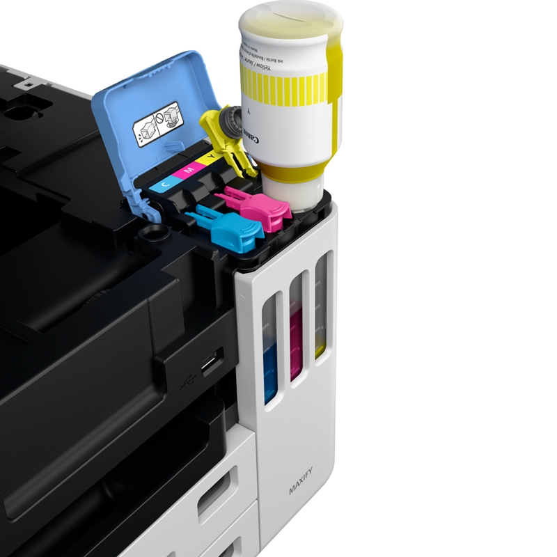 Canon MAXIFY GX7050 MegaTank Farb-Tintenstrahl-Multifunktionssystem mit WLAN und nachfüllbaren Tintentanks Produkt Vorderansicht mit einer Person, die den gelben Tintenbehälter auffüllt