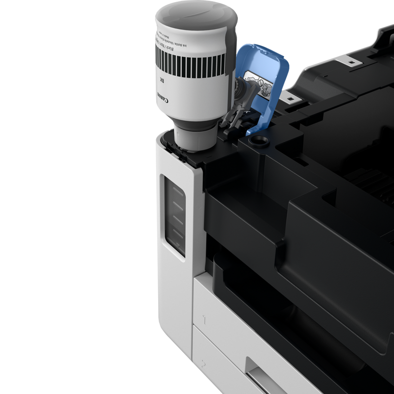Canon MAXIFY GX7050 MegaTank Farb-Tintenstrahl-Multifunktionssystem mit WLAN und nachfüllbaren Tintentanks Produkt Vorderansicht mit einer Person, die den schwarzen Tintenbehälter auffüllt