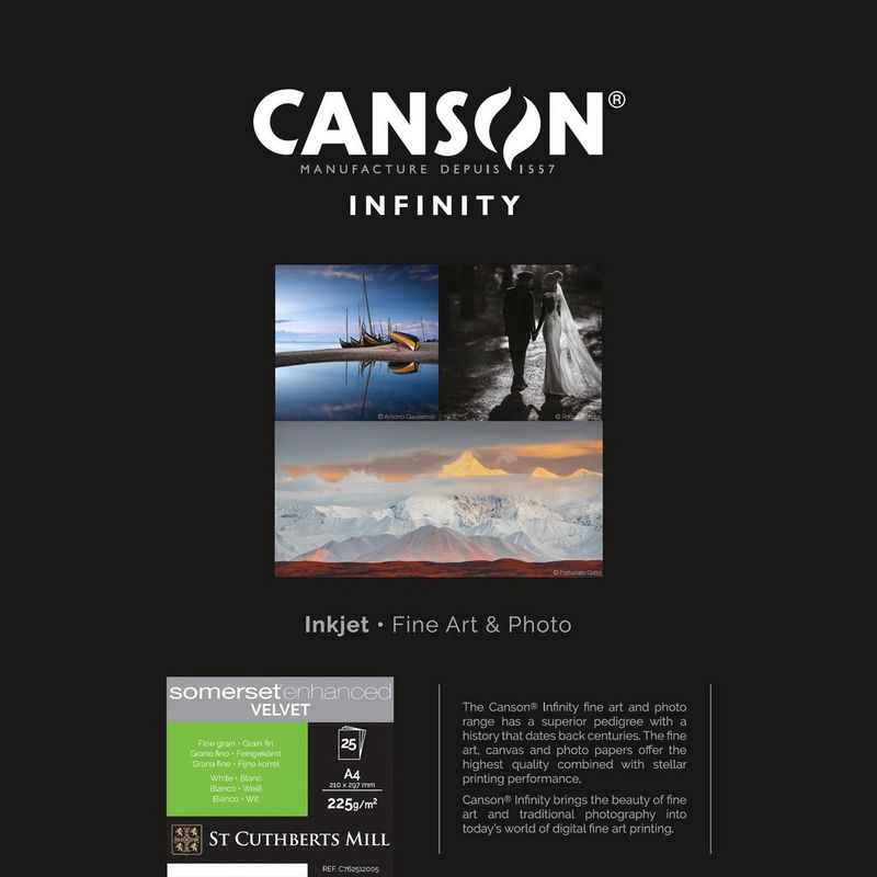 Canson Infinity Somerset Enhanced Velvet White Paper, 225 g/m², A4, 25 Blätter, Produkt Titelseite