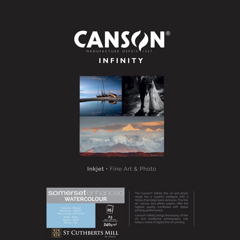 Canson Infinity Somerset Enhanced Watercolour Rag White Paper, 240 g/m², A3, 25 Blätter, Papierserie und Beispieldruck