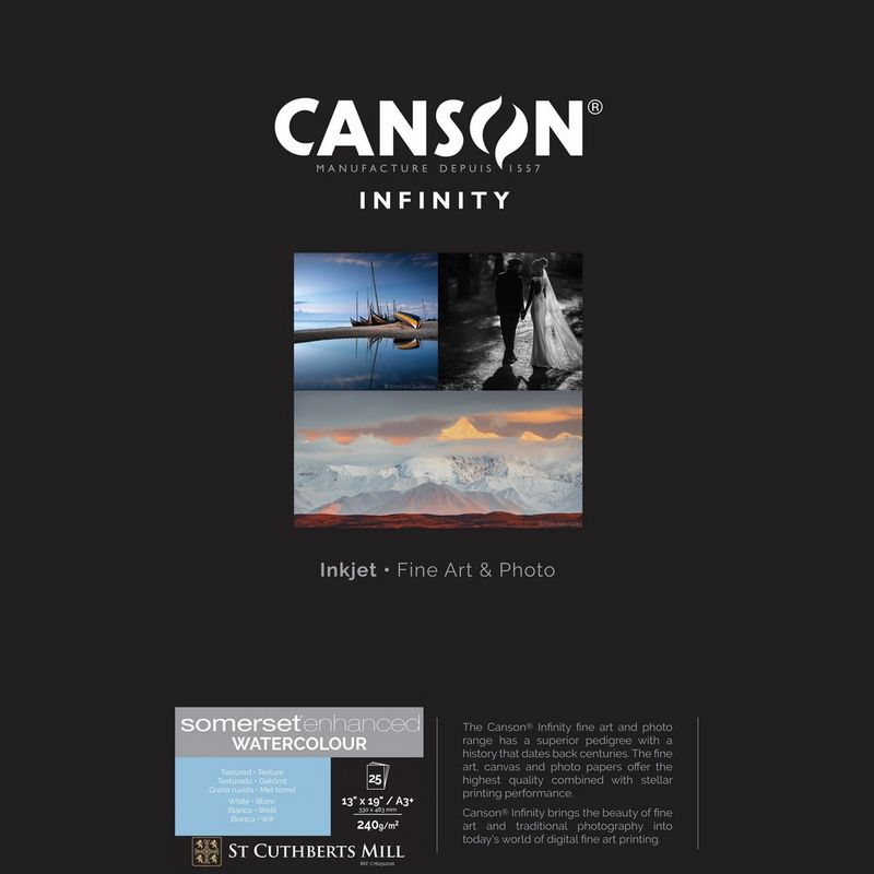 Canson Infinity Somerset Enhanced Watercolour Rag White Paper, 240 g/m², A3+, 25 Blätter, Papierserie und Beispieldruck