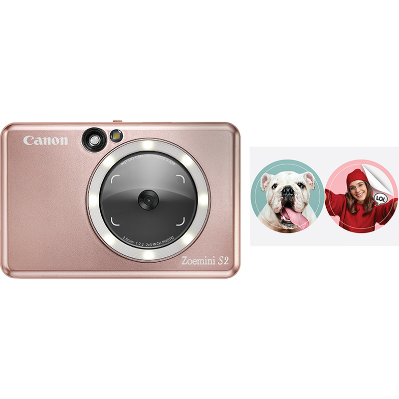 Canon Zoemini S2 Sofortbildkamera mit Mini-Fotodrucker, Roségold + Tagebuch + Tasche Produkt Vorderansicht der Kamera mit Ausdrucken
