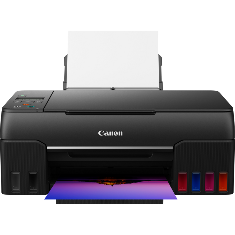 Canon PIXMA G650 Wireless 3-in-1 Refillable MegaTank Inkjet Photo Printer Product Front View With Paper Tray Out