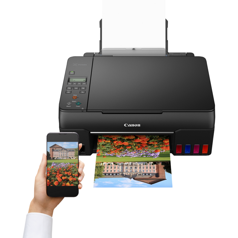 Canon PIXMA G650 Wireless 3-in-1 Refillable MegaTank Inkjet Photo Printer Product Front View With A Person Printing From a Smartphone