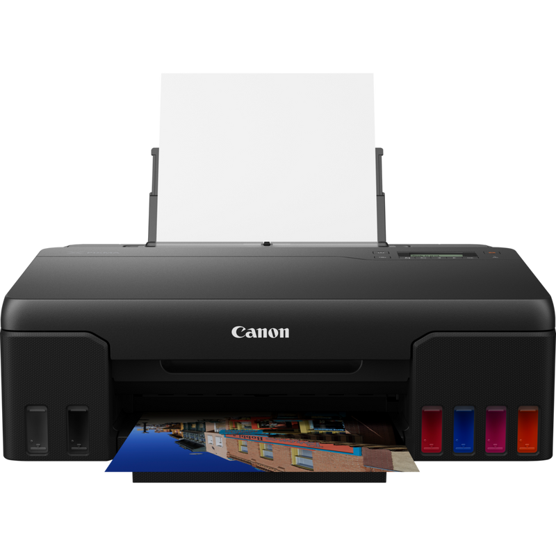 Canon PIXMA G550 Wireless Refillable MegaTank Inkjet Photo Printer Product Front View With Paper Tray Out