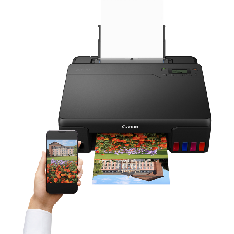 Canon PIXMA G550 Wireless Refillable MegaTank Inkjet Photo Printer Product Front View With A Person Printing From a Smartphone