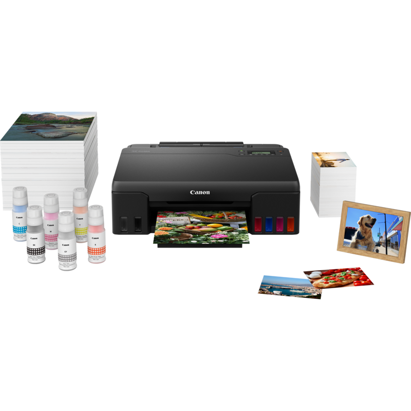 Canon PIXMA G550 Wireless Refillable MegaTank Inkjet Photo Printer Product With Papers, Ink Bottles and Photo Frames