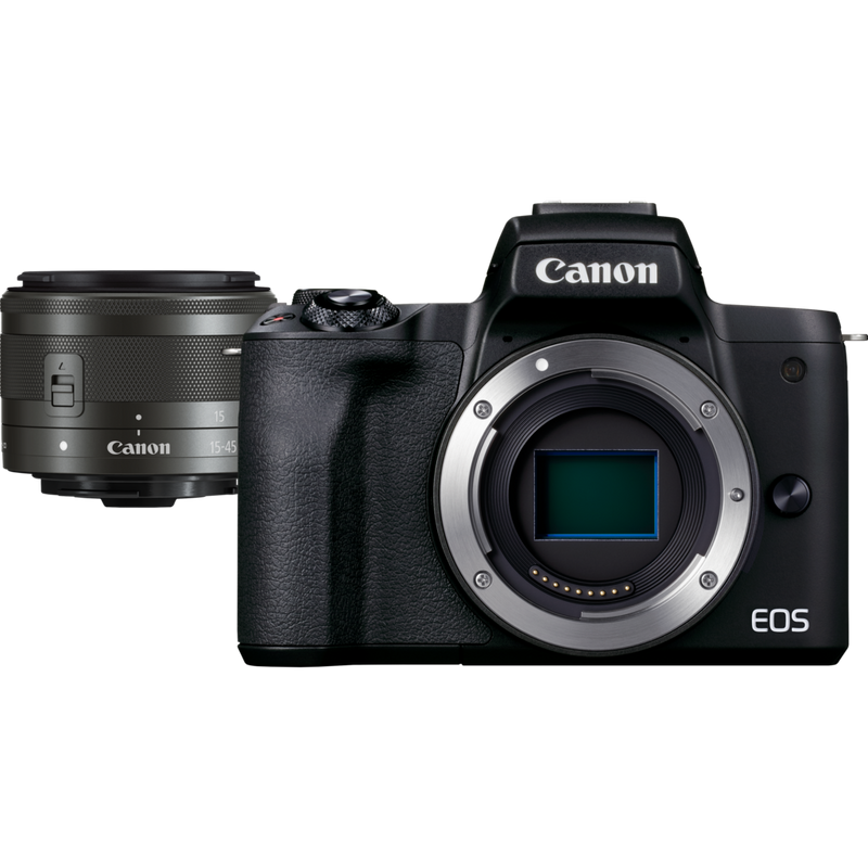Canon EOS M50 Mark II spiegellose Kamera, Schwarz + EF-M 15-45mm f/3.5-6.3 IS STM Objektiv, Graphit-Grau Produkt Vorderansicht