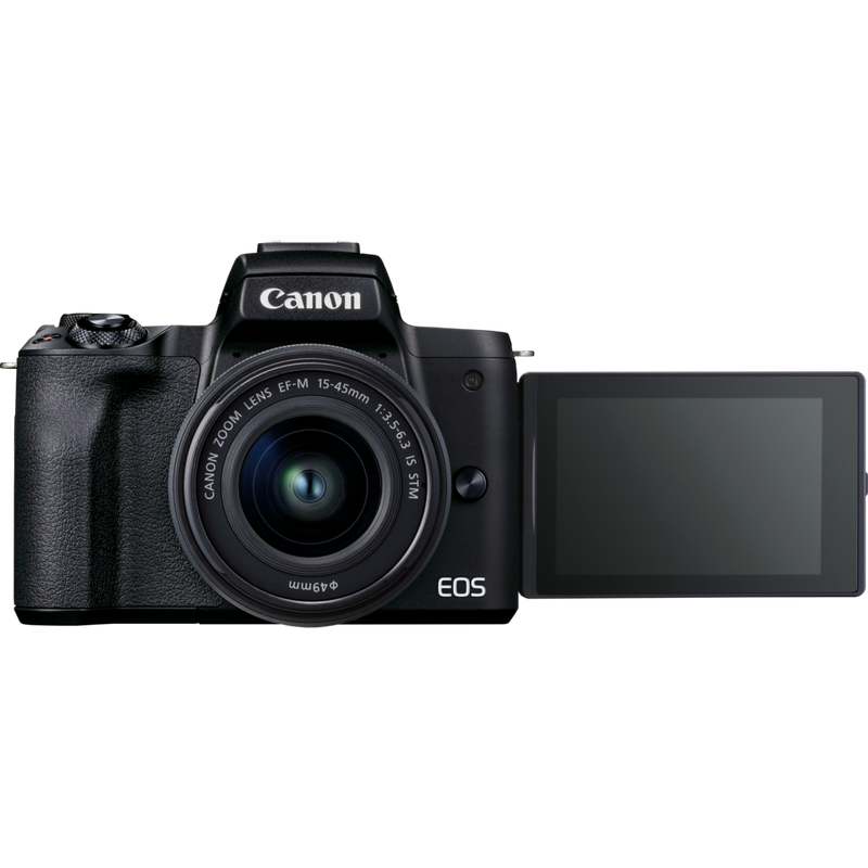 Canon EOS M50 Mark II spiegellose Kamera, Schwarz + EF-M 15-45mm f/3.5-6.3 IS STM Objektiv, Graphit-Grau Produkt Vorderansicht mit erweitertem dreh- und schwenkbaren Display