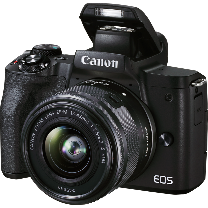 Canon EOS M50 Mark II spiegellose Kamera, Schwarz + EF-M 15-45mm f/3.5-6.3 IS STM Objektiv, Graphit-Grau Produkt Diagonale Ansicht mit internem Blitz