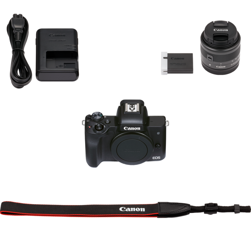 Canon EOS M50 Mark II spiegellose Kamera, Schwarz + EF-M 15-45mm f/3.5-6.3 IS STM Objektiv, Graphit-Grau Produkt Lieferumfang