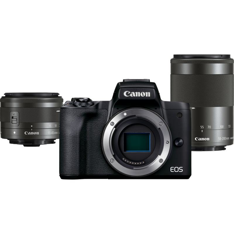 Canon EOS M50 Mark II spiegellose Kamera Gehäuse + EF-M 15-45mm IS STM + EF-M 55-200mm IS STM Produkt Vorderansicht