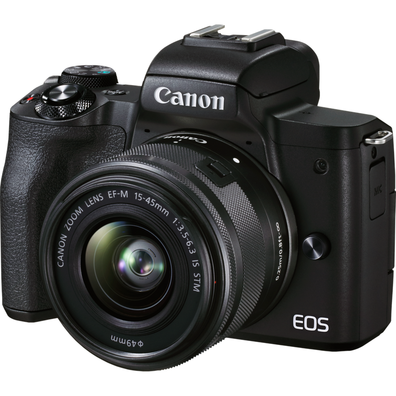 Canon EOS M50 Mark II spiegellose Kamera Gehäuse + EF-M 15-45mm IS STM + EF-M 55-200mm IS STM Produkt Diagonale Ansicht mit dem 14-45mm Objektiv