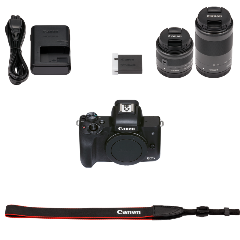 Canon EOS M50 Mark II spiegellose Kamera Gehäuse + EF-M 15-45mm IS STM + EF-M 55-200mm IS STM Produkt Lieferumfang