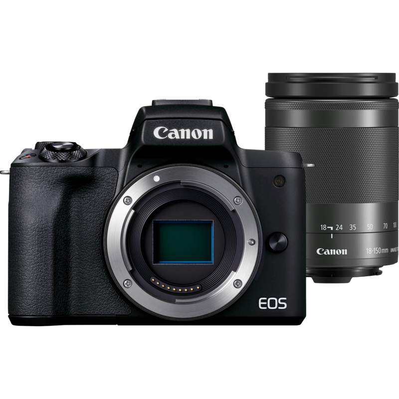 Canon EOS M50 Mark II spiegellose Kamera, Schwarz + EF-M 18-150mm f/3.5-6.3 IS STM Objektiv, Graphit-Grau Produkt Vorderansicht