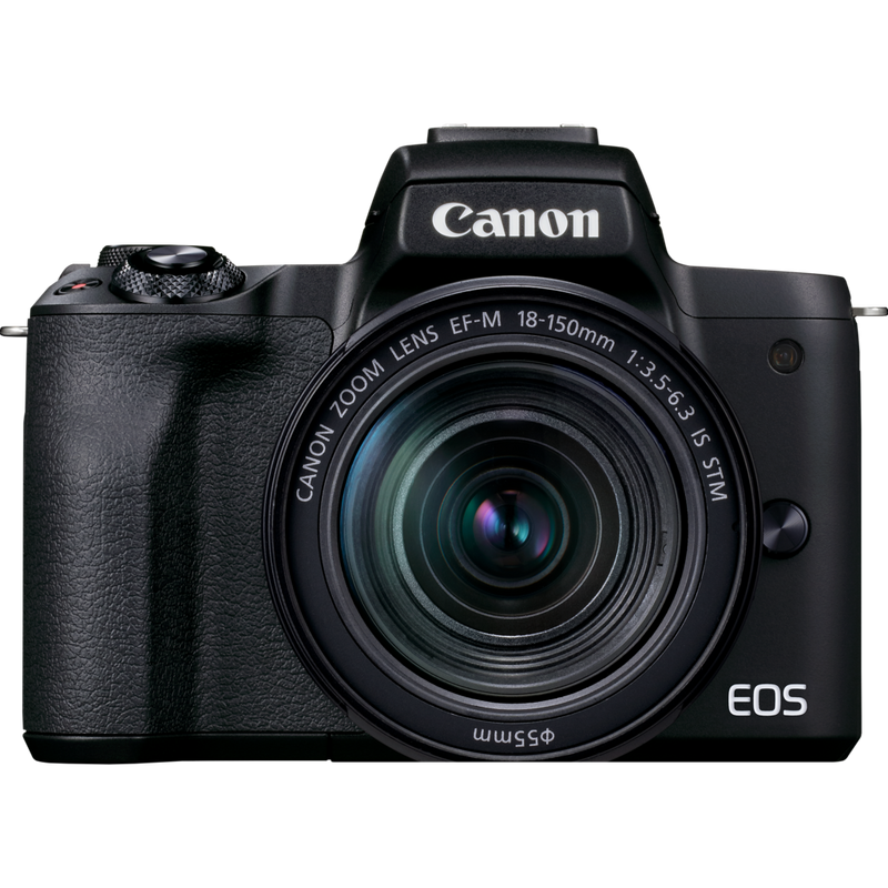 Canon EOS M50 Mark II spiegellose Kamera, Schwarz + EF-M 18-150mm f/3.5-6.3 IS STM Objektiv, Graphit-Grau Produkt Vorderansicht mit dem an der Kamera angebrachten Objektiv