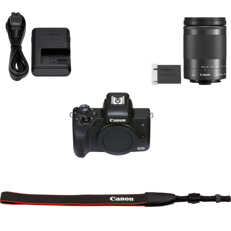 Canon EOS M50 Mark II spiegellose Kamera, Schwarz + EF-M 18-150mm f/3.5-6.3 IS STM Objektiv, Graphit-Grau Produkt Lieferumfang