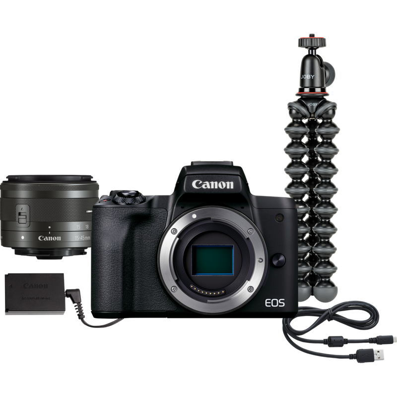 Canon EOS M50 Mark II für Wechselobjektive im Videokonferenz-Kit Produkt Vorderansicht des Kit-Inhalts