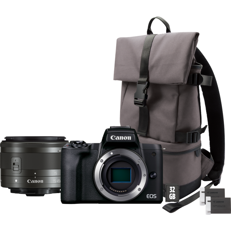 Canon EOS M50 Mark II spiegellose Kamera, Schwarz + EF-M 15-45mm IS STM Objektiv + Rucksack + SD-Karte + Ersatzakku Produkt Vorderansicht des Kit-Inhalts
