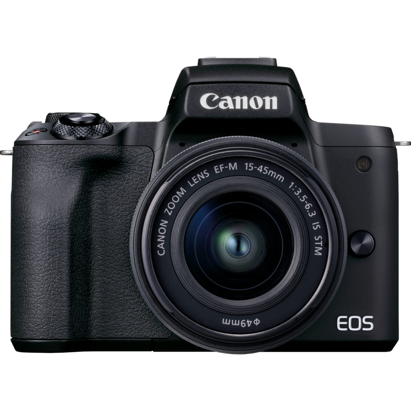 Canon EOS M50 Mark II spiegellose Kamera, Schwarz + EF-M 15-45mm IS STM Objektiv + Rucksack + SD-Karte + Ersatzakku Produkt Vorderansicht mit dem an der Kamera angebrachten Objektiv