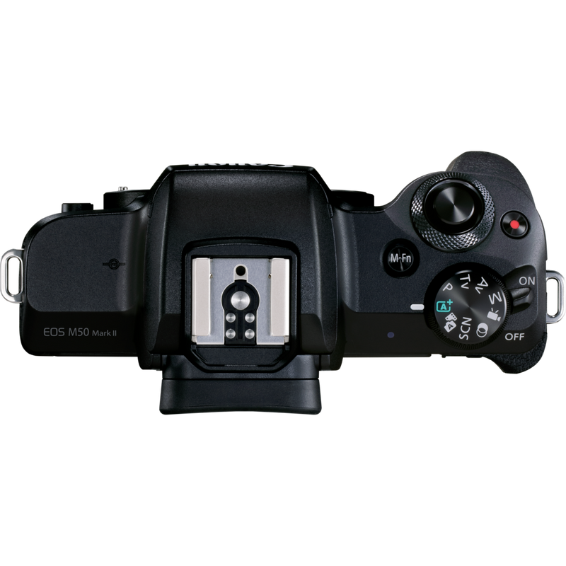 Canon EOS M50 Mark II spiegellose Kamera, Schwarz + EF-M 15-45mm IS STM Objektiv + Rucksack + SD-Karte + Ersatzakku Produkt Ansicht von oben