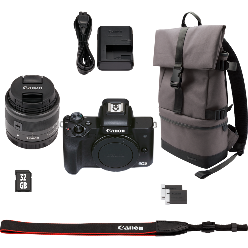 Canon EOS M50 Mark II spiegellose Kamera, Schwarz + EF-M 15-45mm IS STM Objektiv + Rucksack + SD-Karte + Ersatzakku Produkt Lieferumfang