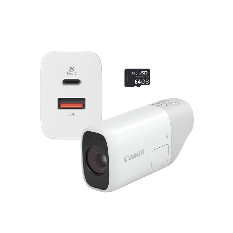 Canon PowerShot ZOOM kompakte Telezoom-Kamera im Spektiv-Stil Basis Kit, Weiß Produkt Vorderansicht der Kamera mit Speicherkarte und Adapter