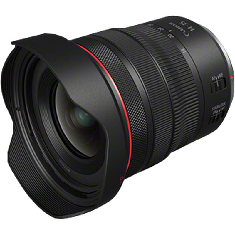Canon RF 14-35mm F4 L IS USM Objektiv Produkt Diagonale Ansicht mit Streulichtblende