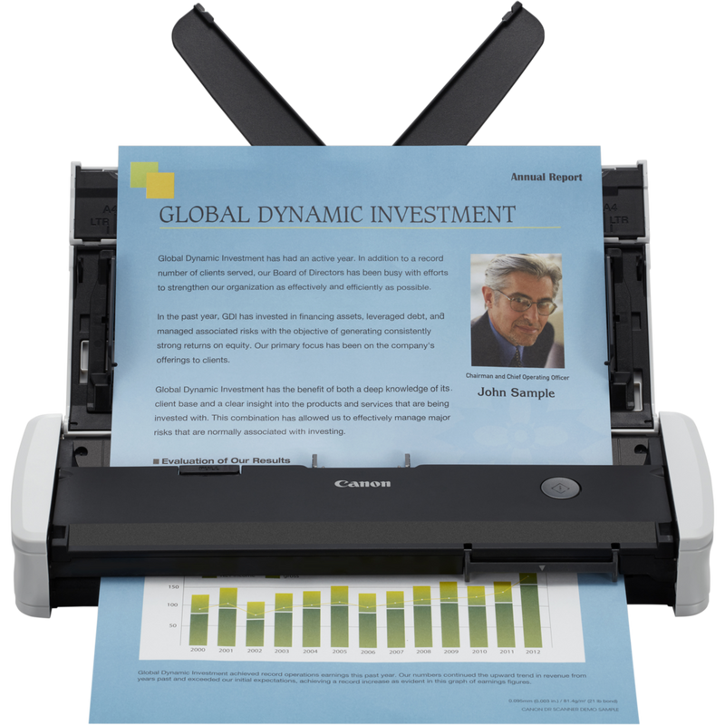 Canon imageFORMULA R10 Mobiler Scanner Produkt Vorderansicht mit Dokumenten im Einzug