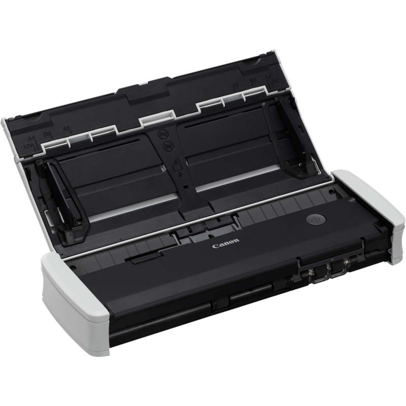 Canon imageFORMULA R10 Mobiler Scanner Produkt Vorderansicht von links mit offenem Bedienfeld
