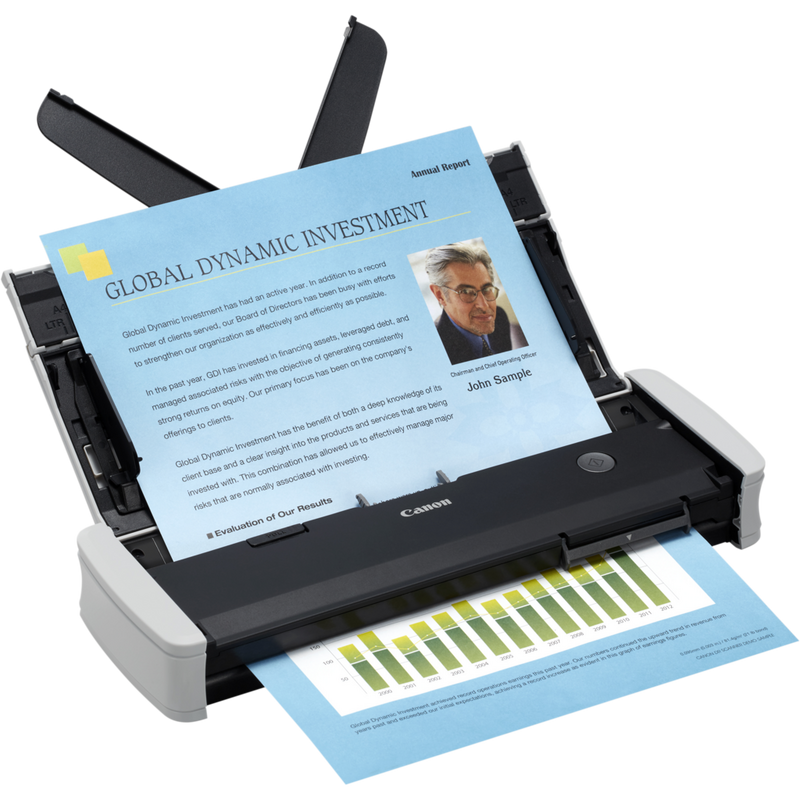 Canon imageFORMULA R10 Mobiler Scanner Produkt Vorderansicht von links im Einzug