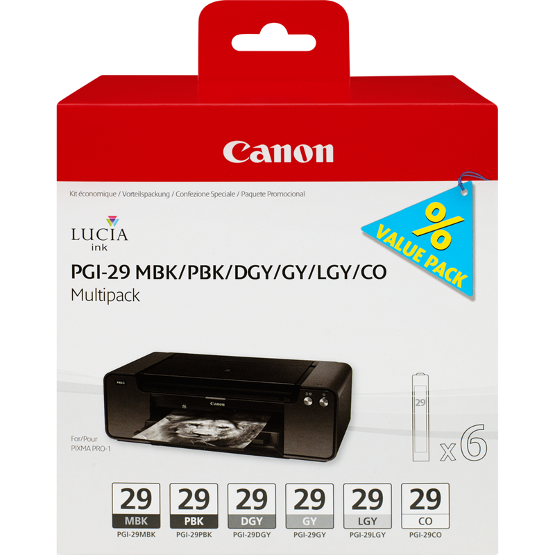 Canon PGI-29 MBK/PBK/DGY/GY/LGY/CO Multipack mit 6 Tinten Produkt Vorderansicht