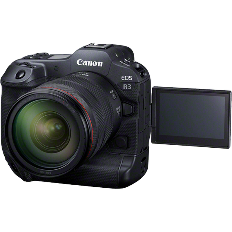 Canon EOS R3 spiegellose Kamera Gehäuse Produkt Diagonale Ansicht mit erweitertem dreh- und schwenkbaren Display