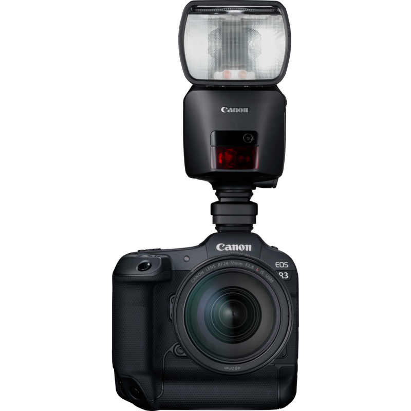 Canon AD-E1 Multi-function Shoe Adapter Product Full view of camera and flash with adapter