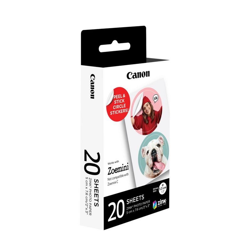 Canon ZINK™ Fotopapier mit vorgestanzten runden Stickern mit 33 mm Durchmesser, 20 Blatt Produkt Schrägansicht von vorne