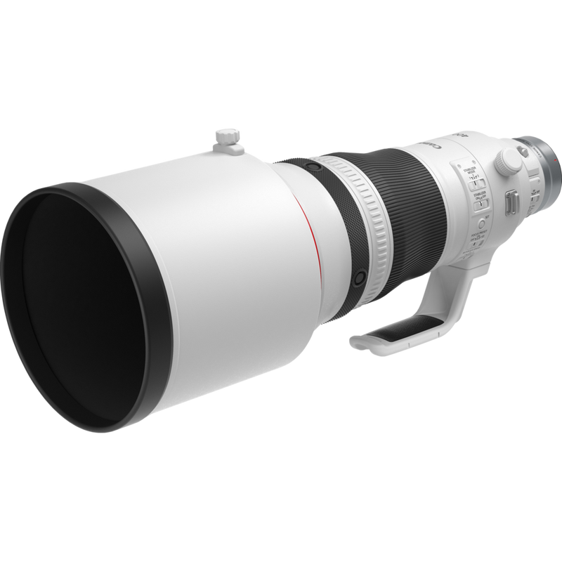 Canon RF 400mm F2.8 L IS USM Objektiv Produkt Diagonale Ansicht mit Streulichtblende und Stativgewinde