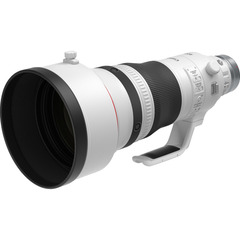 Canon RF 400mm F2.8 L IS USM Objektiv Produkt Diagonale Ansicht mit einer kurzen Streulichtblende und Stativgewinde