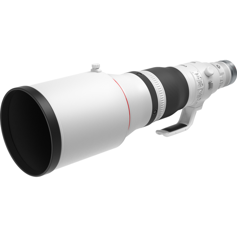 Canon RF 600mm F4 L IS USM Objektiv Produkt Diagonale Ansicht mit Streulichtblende und Stativgewinde