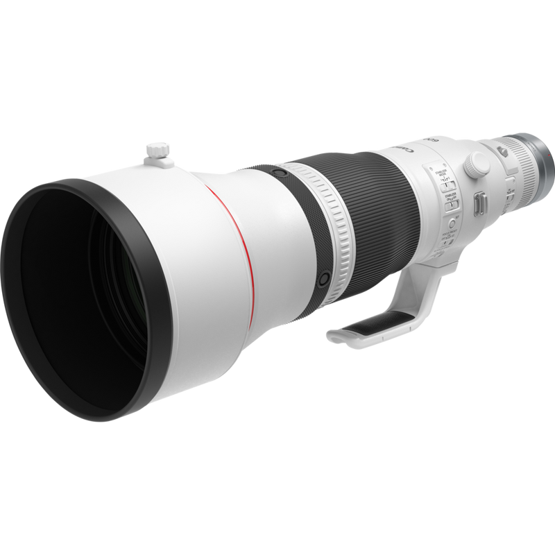 Canon RF 600mm F4 L IS USM Objektiv Produkt Diagonale Ansicht mit einer kurzen Streulichtblende und Stativgewinde
