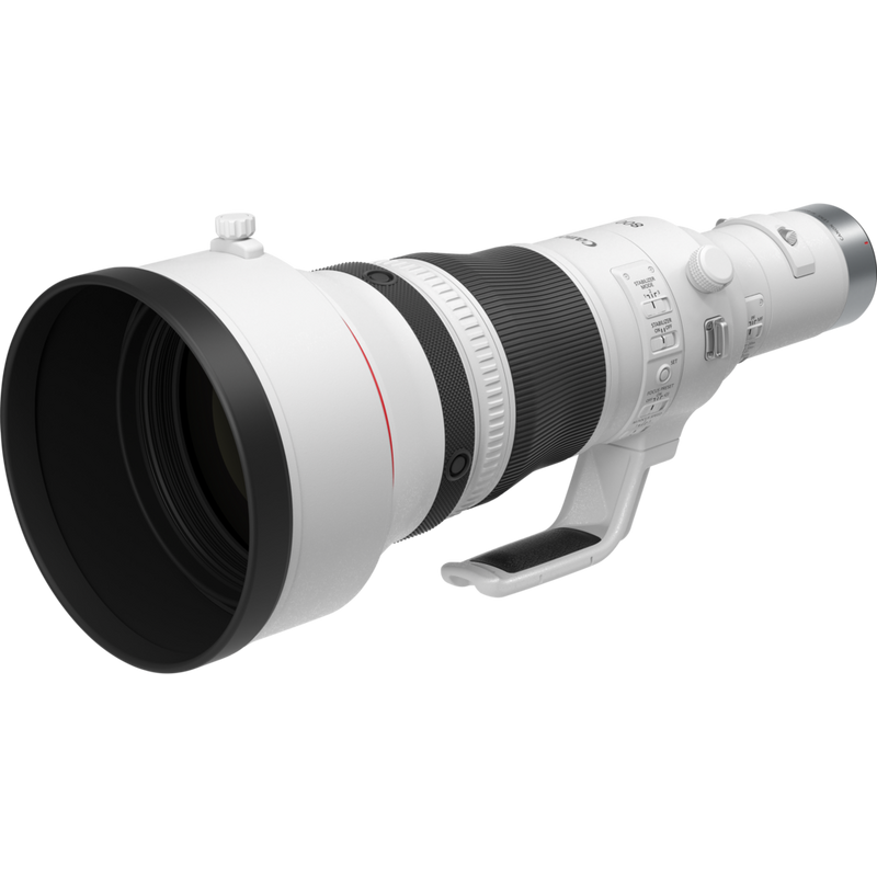 Canon RF 800mm F5.6L IS USM Objektiv Produkt Diagonale Ansicht mit einer kurzen Streulichtblende und Stativgewinde