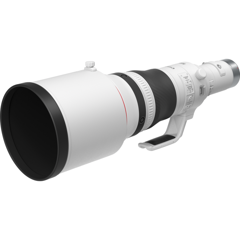 Canon RF 800mm F5.6L IS USM Objektiv Produkt Diagonale Ansicht mit Streulichtblende und Stativgewinde