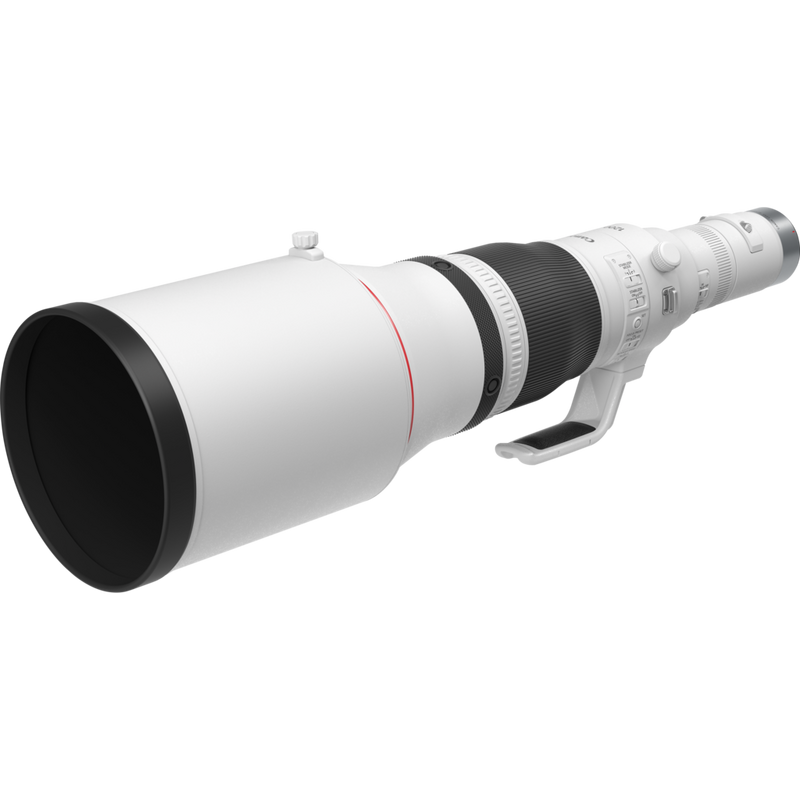 Canon RF 1200mm F8L IS USM Objektiv Produkt Diagonale Ansicht mit Streulichtblende und Stativgewinde