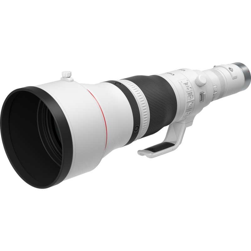 Canon RF 1200mm F8L IS USM Objektiv Produkt Diagonale Ansicht mit einer kurzen Streulichtblende und Stativgewinde