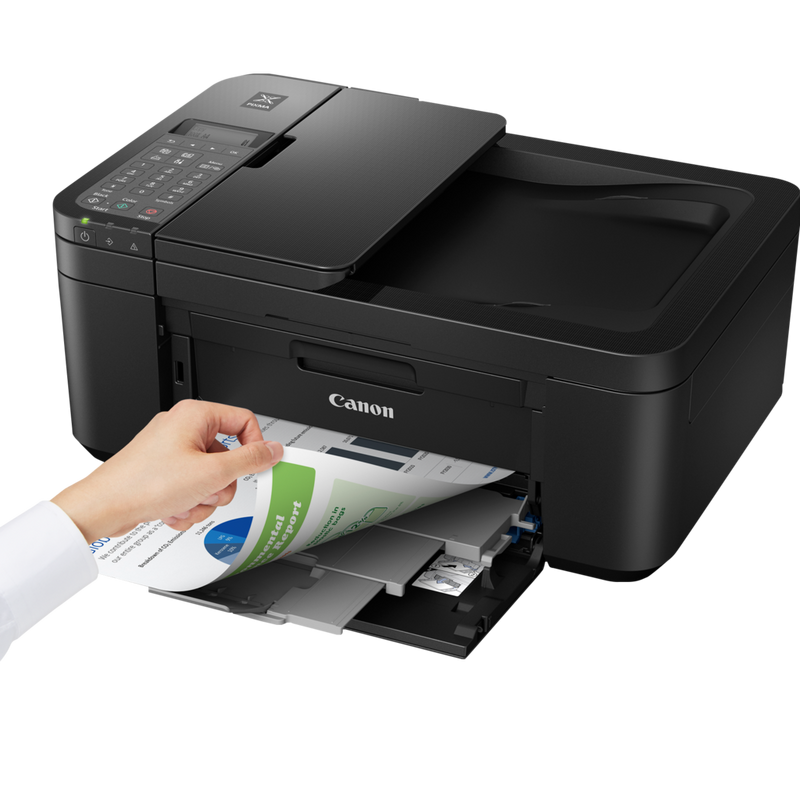 Canon PIXMA TR4650 Wireless Colour All-in-One Inkjet Photo Printer, Black Product Front View With A Person Printing From a Smartphone