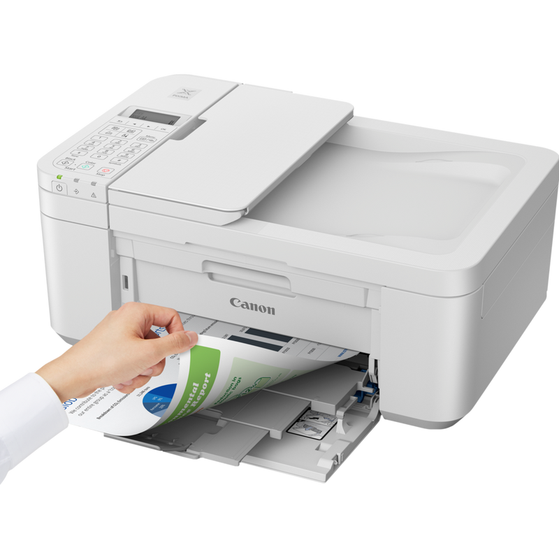 Canon PIXMA TR4651 Wireless Colour All-in-One Inkjet Photo Printer, White Product Front Slant View With Paper Tray Out