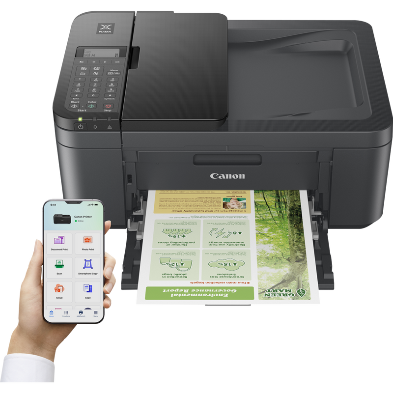 Canon PIXMA TR4755i WLAN-Farb-Multifunktionssystem Fotodrucker, Grau/Schwarz Produkt Produkt mit geöffnetem Fach und Mobilgerät